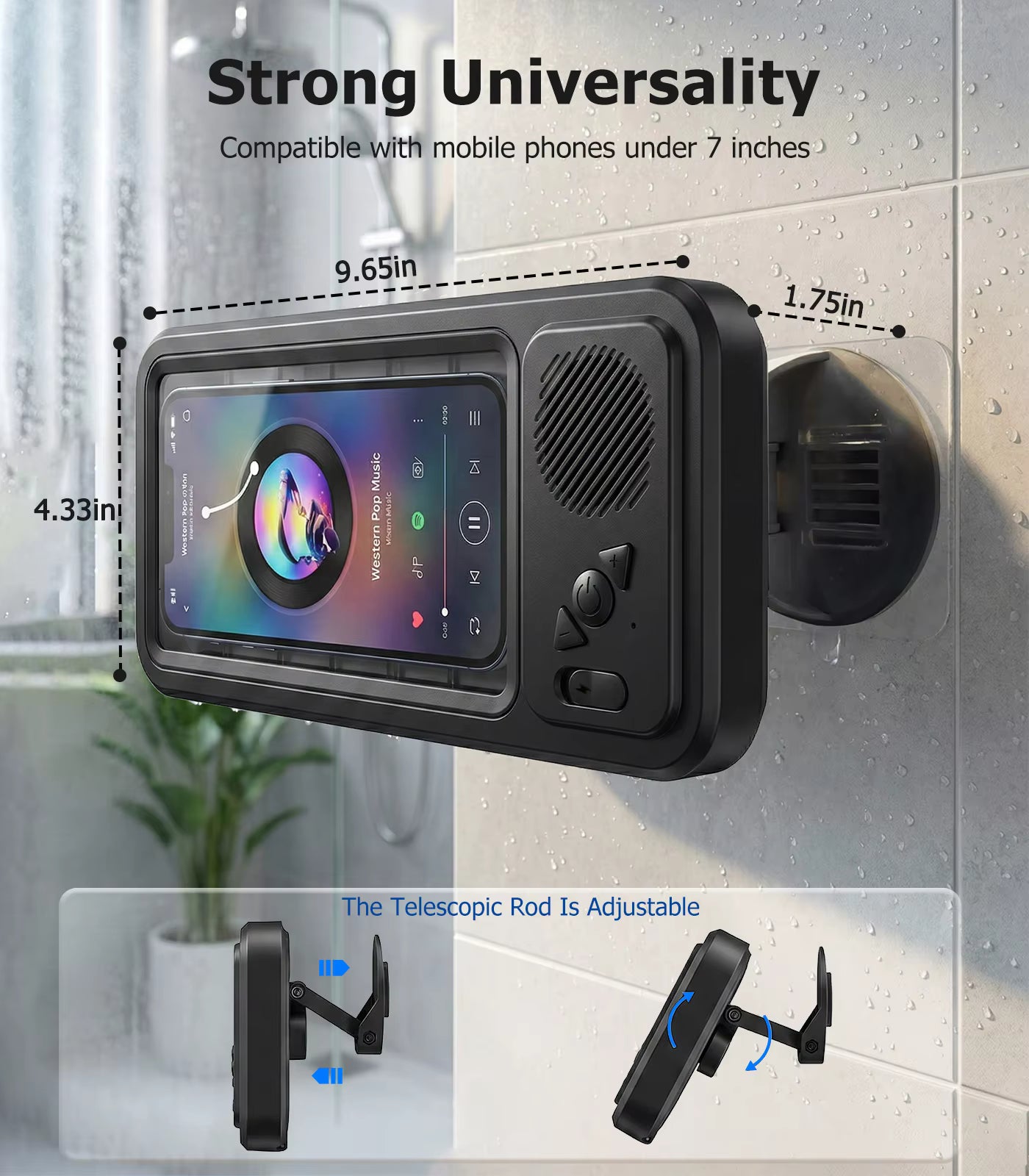 Waterproof Shower Phone Holder with Built-in Speaker, Anti-Fog Touch Screen Wall Mount Case, 360 Rotating Bathroom Audio Stand, Universal Fits up to 7.2" Smartphone for Video Music