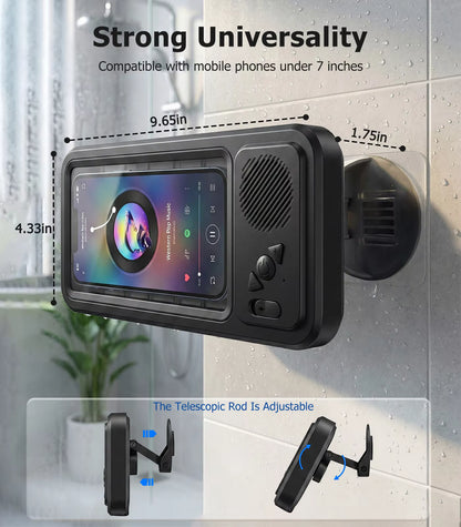 Waterproof Shower Phone Holder with Built-in Speaker, Anti-Fog Touch Screen Wall Mount Case, 360 Rotating Bathroom Audio Stand, Universal Fits up to 7.2" Smartphone for Video Music